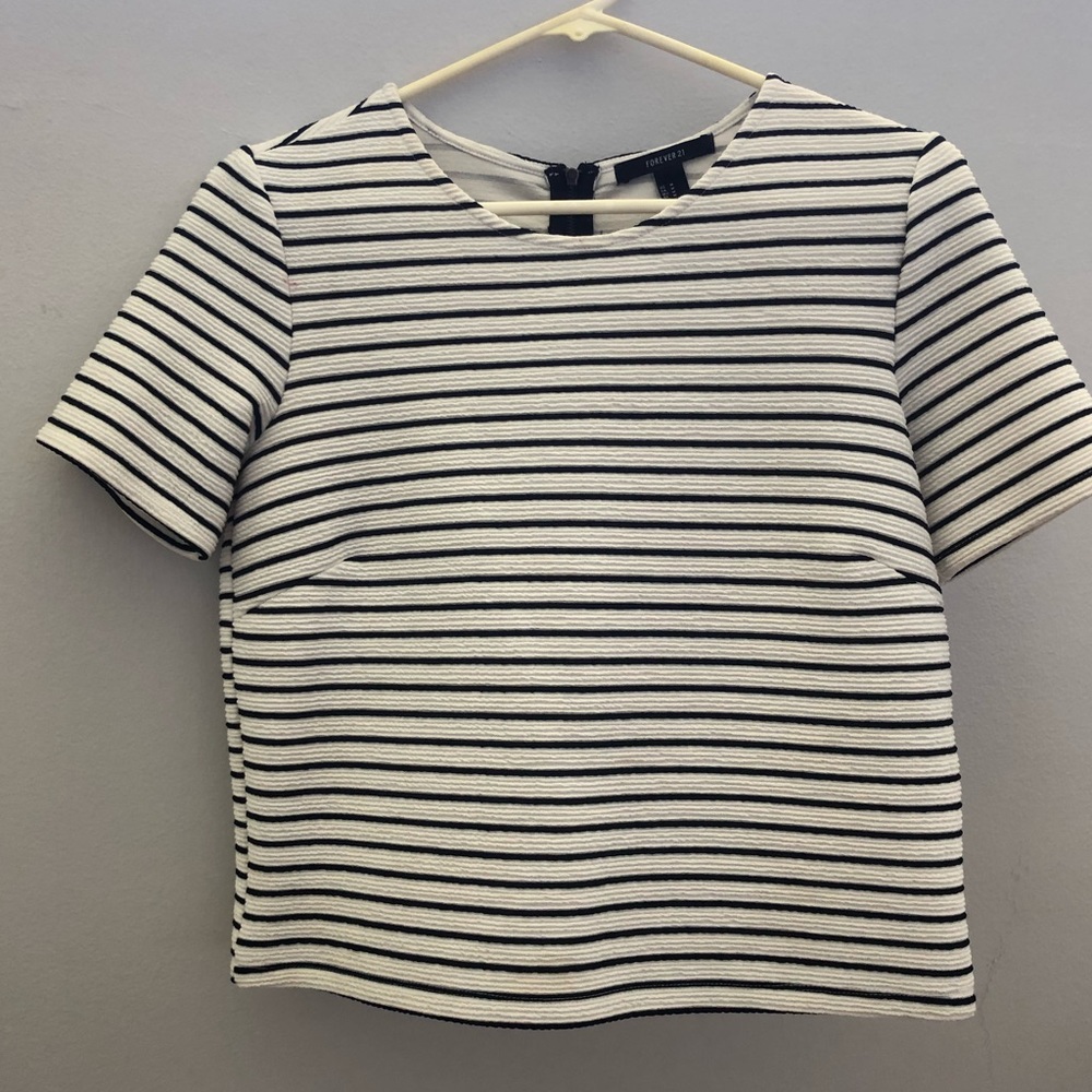 Boxy navy and white stripes with exposed zipper